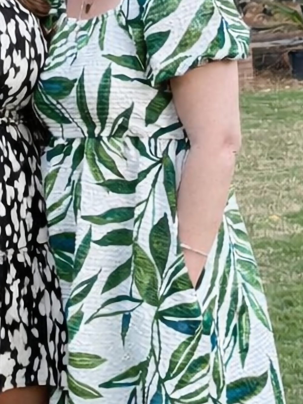 Women's Green Leaf Print Short-Sleeve Dress W/ Puffy Sleeves & Pockets Sz Med